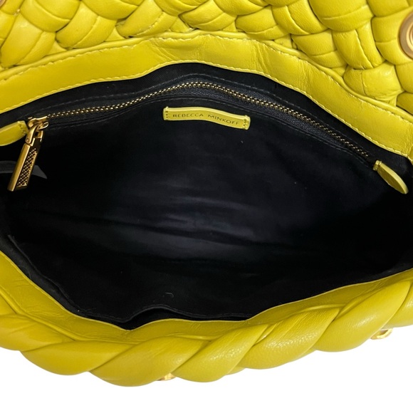 REBECCA MINKOFF Woven Leather Edie Flap Handbag Yellow - Picture 12 of 16